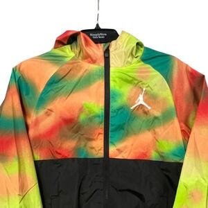 Nike Kids Jordan Windbreaker Jacket Hooded Tie Dye Black Orange Green Size L J7